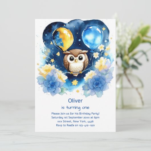 Uil eerste verjaardag uitnodiging (Staand voorkant)