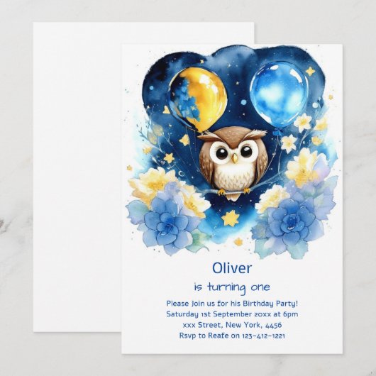 Uil eerste verjaardag uitnodiging (Voorkant / Achterkant)
