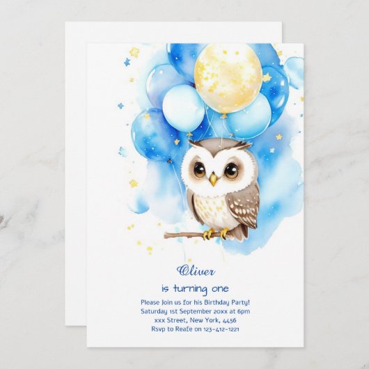 Uil eerste verjaardag uitnodiging (Voorkant / Achterkant)