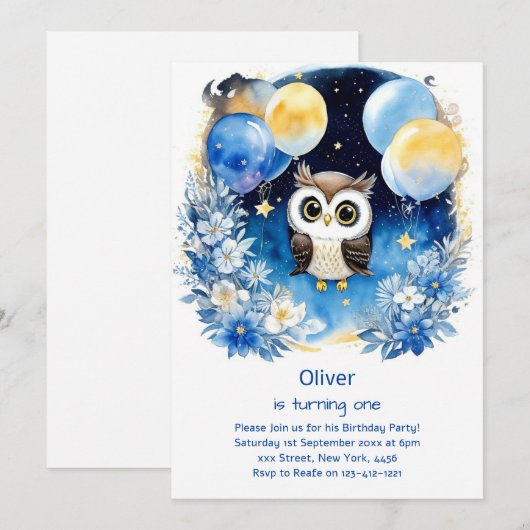 Uil eerste verjaardag uitnodiging (Voorkant / Achterkant)