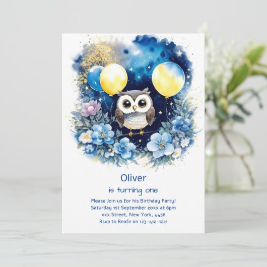 Uil eerste verjaardag uitnodiging (Staand voorkant)