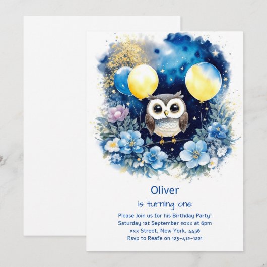 Uil eerste verjaardag uitnodiging (Voorkant / Achterkant)
