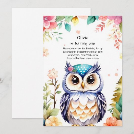 Uil eerste verjaardag uitnodiging (Voorkant / Achterkant)