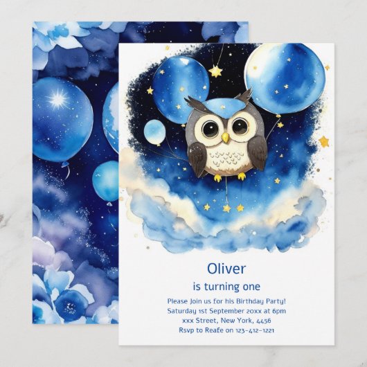 Uil eerste verjaardag uitnodiging (Voorkant / Achterkant)