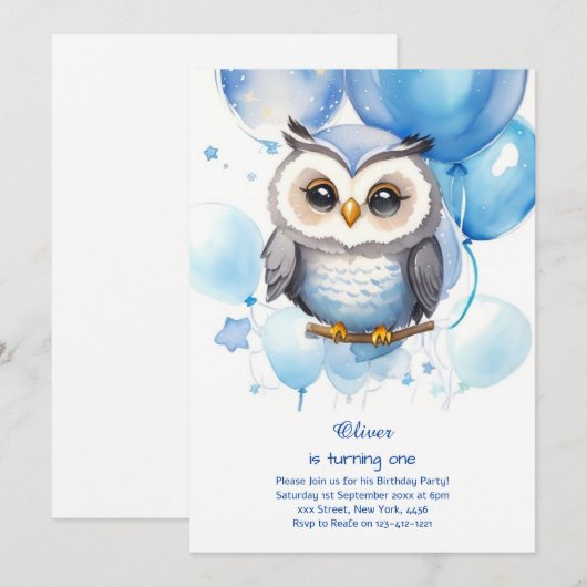 Uil eerste verjaardag uitnodiging (Voorkant / Achterkant)