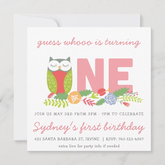 Uil eerste verjaardag uitnodiging (Voorkant)