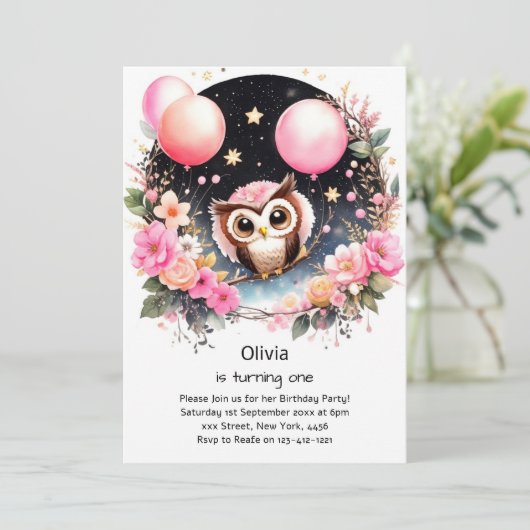 Uil eerste verjaardag uitnodiging (Staand voorkant)
