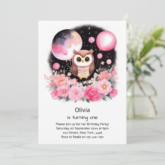 Uil eerste verjaardag uitnodiging (Staand voorkant)