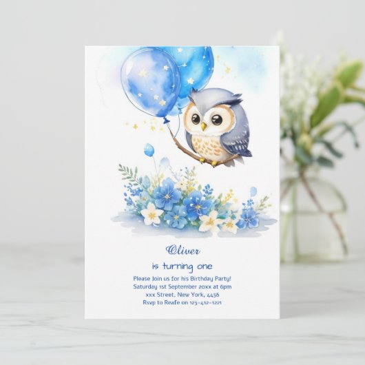 Uil eerste verjaardag uitnodiging (Staand voorkant)