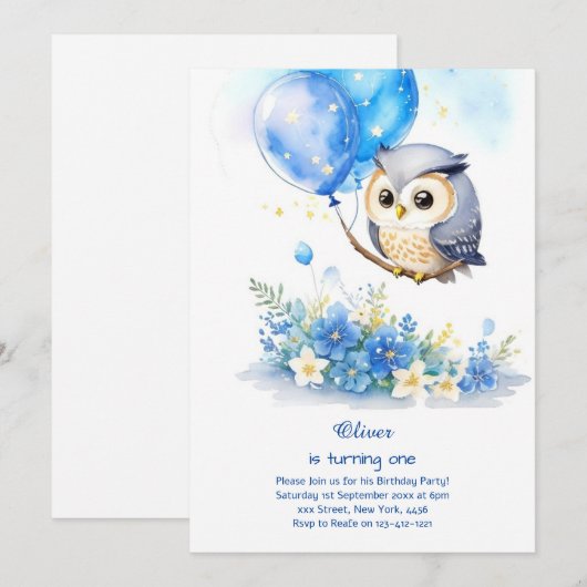 Uil eerste verjaardag uitnodiging (Voorkant / Achterkant)
