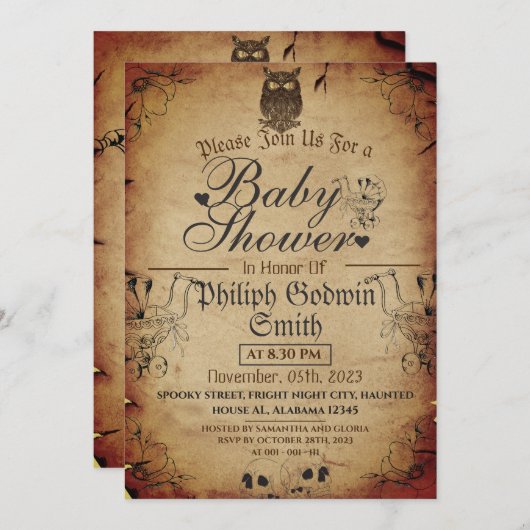 Uil  Elegant Gotisch, Halloween Baby shower Kaart (Voorkant / Achterkant)