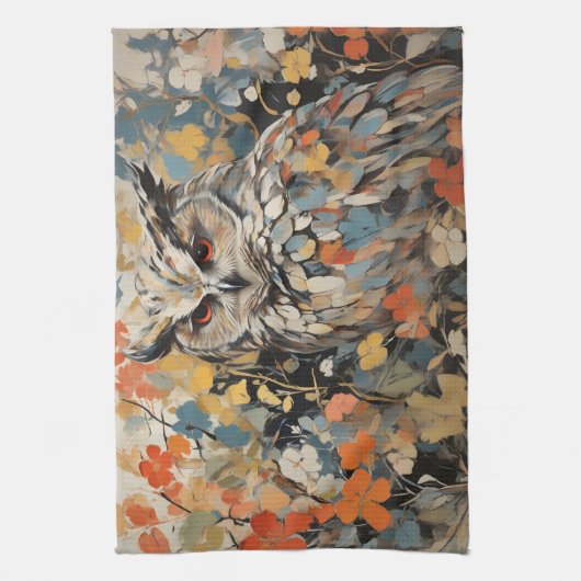 Uil en bloemen in de lente schilderij theedoek (Verticaal)