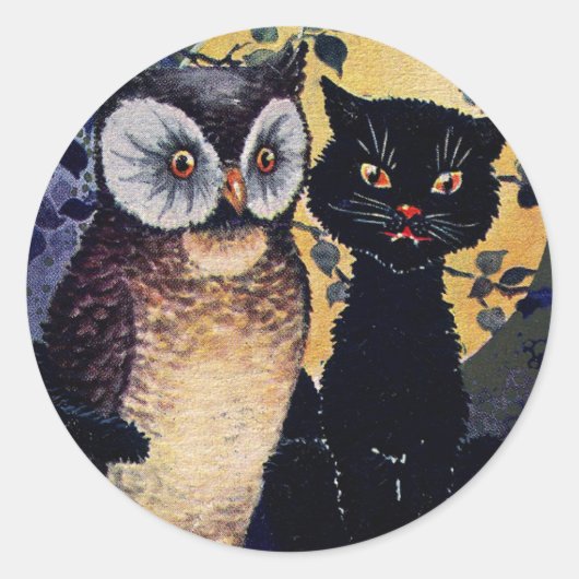  Uil en Kat Halloween Groet Ronde Sticker (Voorkant)