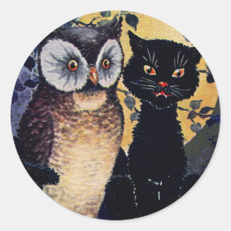 Uil en Kat Halloween Groet Ronde Sticker