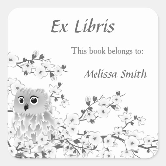 Uil en kersenbloesems ex libris boekenplaat vierkante sticker (Voorkant)