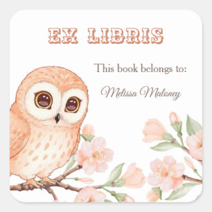 Uil en kersenbloesems ex libris boekenplaat vierkante sticker