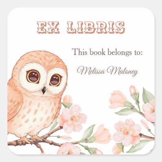 Uil en kersenbloesems ex libris boekenplaat vierkante sticker (Voorkant)