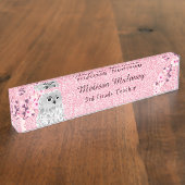 Uil en kersenbloesems roze glitter naambordje (Zijkant)