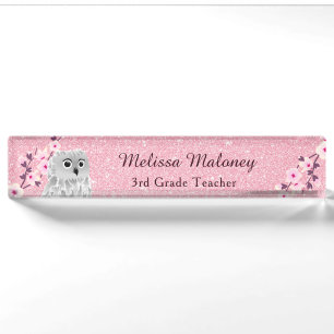 Uil en kersenbloesems roze glitter naambordje