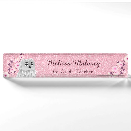 Uil en kersenbloesems roze glitter naambordje (Voorkant)