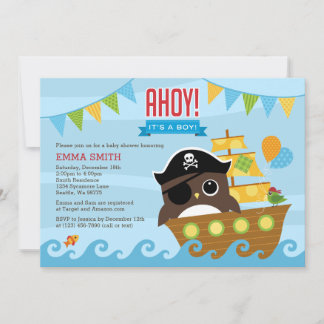 Uil en Piraat Schip Jongen Baby Shower Uitnodiging