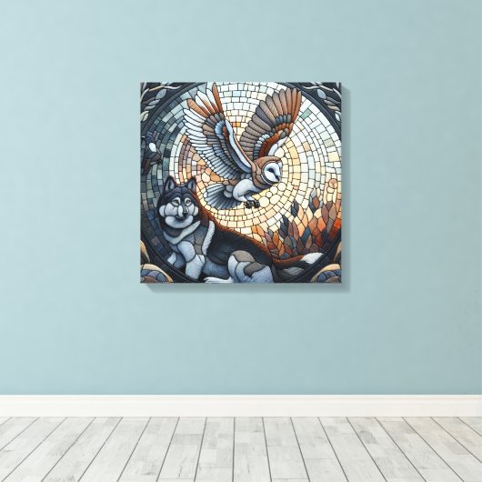 Uil en Wolf Mozaïek Ai Art Canvas Afdruk (Insitu (Houten vloer))