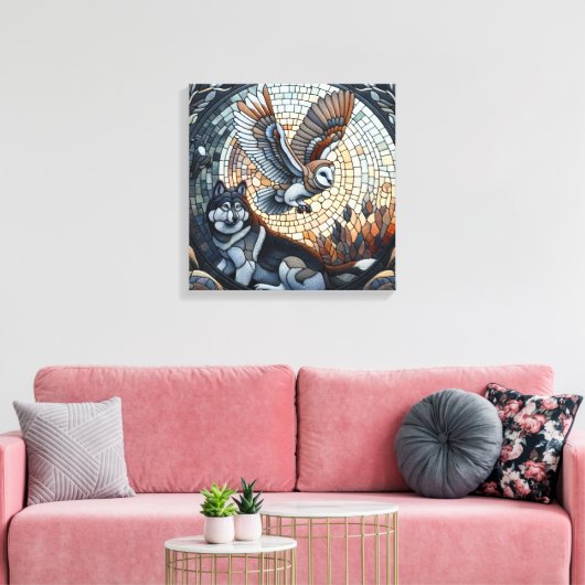 Uil en Wolf Mozaïek Ai Art Canvas Afdruk (Insitu (Woonkamer))