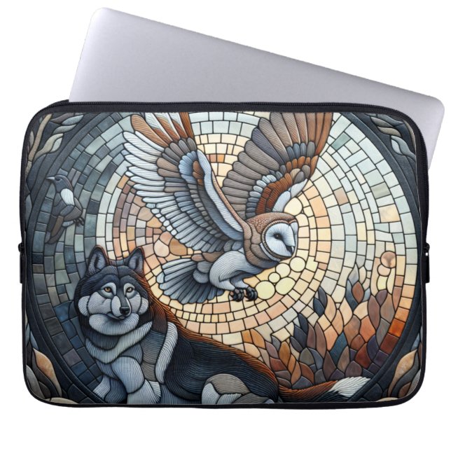 Uil en Wolf Mozaïek Ai Art Laptop Sleeve (Voorkant)