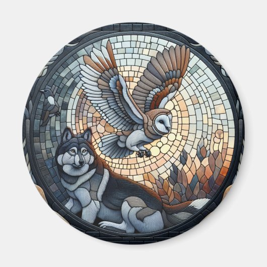 Uil en Wolf Mozaïek Ai Kunst Magneet (Voorkant)