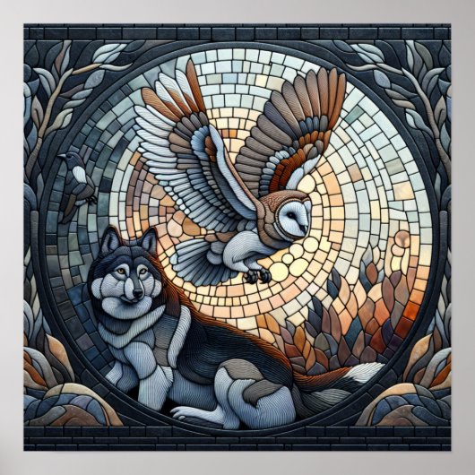 Uil en Wolf Mozaïek Ai Kunst Poster (Voorkant)