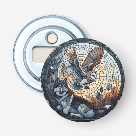 Uil en Wolf Mozaïek Natuur Ai Kunst   Button Flesopener (Voorkant)