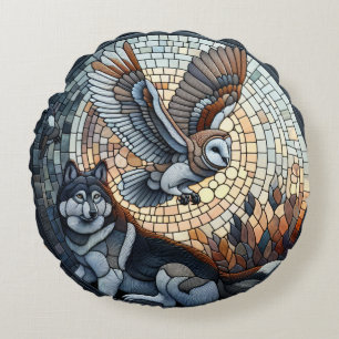 Uil en Wolf Mozaïek Natuur Ai Kunst   Rond Kussen