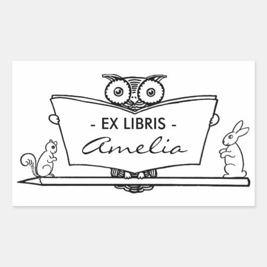 Uil Ex Libris Boekplaat Bibliotheek Boek Bord Rechthoekige Sticker (Voorkant)