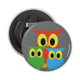 Uil familie: rood, groen en blauw button flesopener