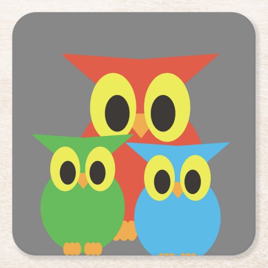 Uil familie: rood, groen en blauw kartonnen onderzetters (Voorkant)