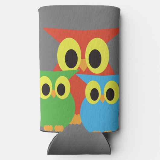 Uil familie: rood, groen en blauw seltzer blikjeskoeler (Achterkant)