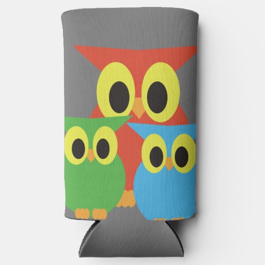 Uil familie: rood, groen en blauw seltzer blikjeskoeler (Voorkant)