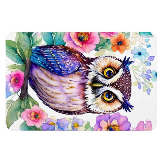 Uil Floral Artistic Waterverf Magneet (Horizontaal)