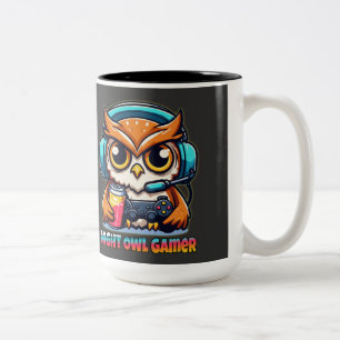 Uil Gamer Mascotte Pret Gaming Illustratie Tweekleurige Koffiemok