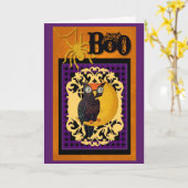 uil Halloween Kaart. Boe, Paarse, oranje Kaart (Gele Bloem)