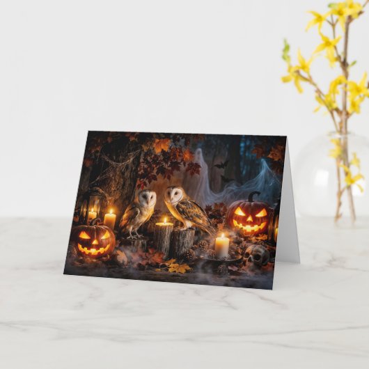 Uil Halloween met Kaarsen Jack O Lanterns Kaart (Gele Bloem)