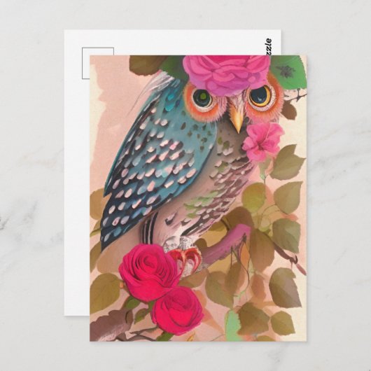 Uil Heeft Haar Bloemen Kunstkaart Briefkaart (Voorkant / Achterkant)