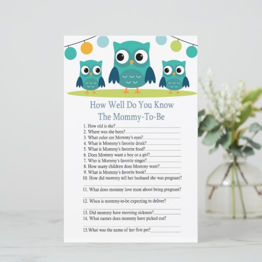 Uil hoe goed ken jij baby shower spel (Staand voorkant)