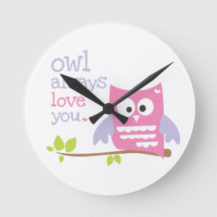 " uil houdt altijd van je " roze en paarse uilklok ronde klok