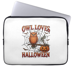 Uil houdt van Halloween Oranje Spinnenweb Pompoen_ Laptop Sleeve