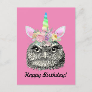 Uil-i-maïs  Eenhoorn Uil Happy Birthday Roze Briefkaart