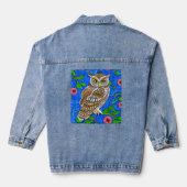Uil Illustratie, Bruin en Tan op kobaltblauw Denim Jacket (Achterkant)