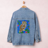 Uil Illustratie, Bruin en Tan op kobaltblauw Denim Jacket (Hangar)