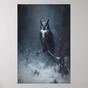 Uil in besneeuwd bos, gotische vogel dier wandkuns poster