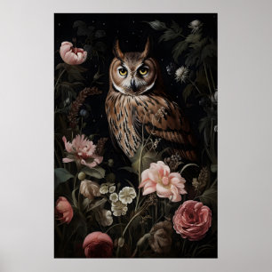 Uil in bloem afdrukbaar, portret bloemrijke uil mu poster